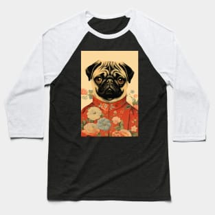 Floral Pug Dog Portrait in Suit Vintage Art Baseball T-Shirt